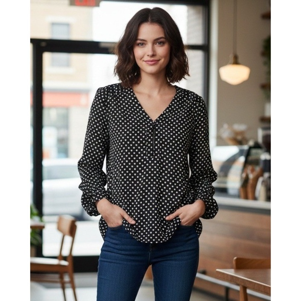 Candie's Women's Black White Heart Print Long Sleeve V Neck Blouse Tunic Size XL